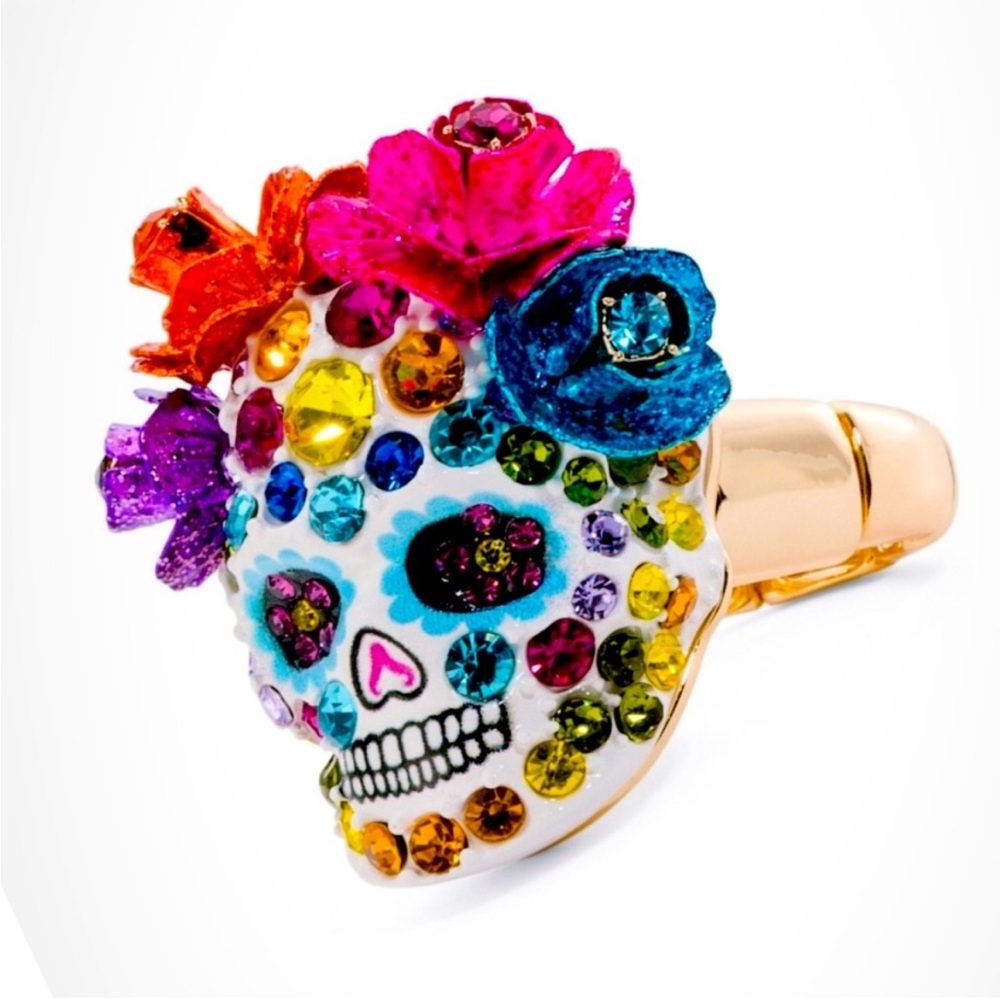 Betsey Johnson Pave Crystal Sugar Skull Ring with Gem Accents